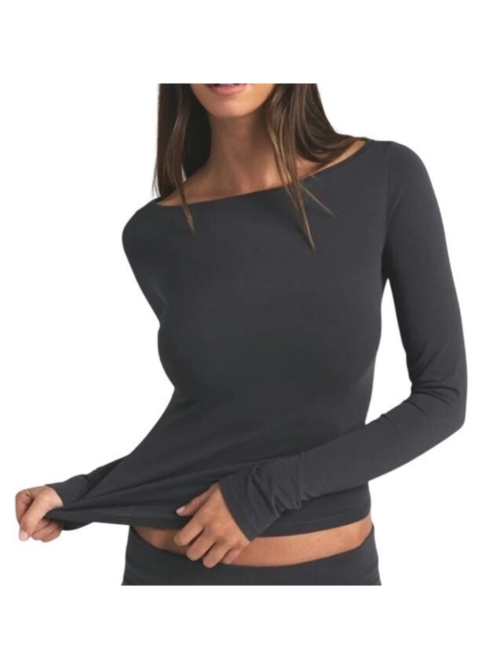 Skims Cotton Jersey Boat Neck Long Sleeve Black TP-LSL-11209W Large